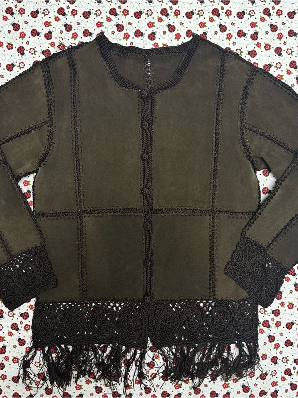 Vintage Suede Patchwork Jacket with Crochet Lace Trim and fringe - Boho Western